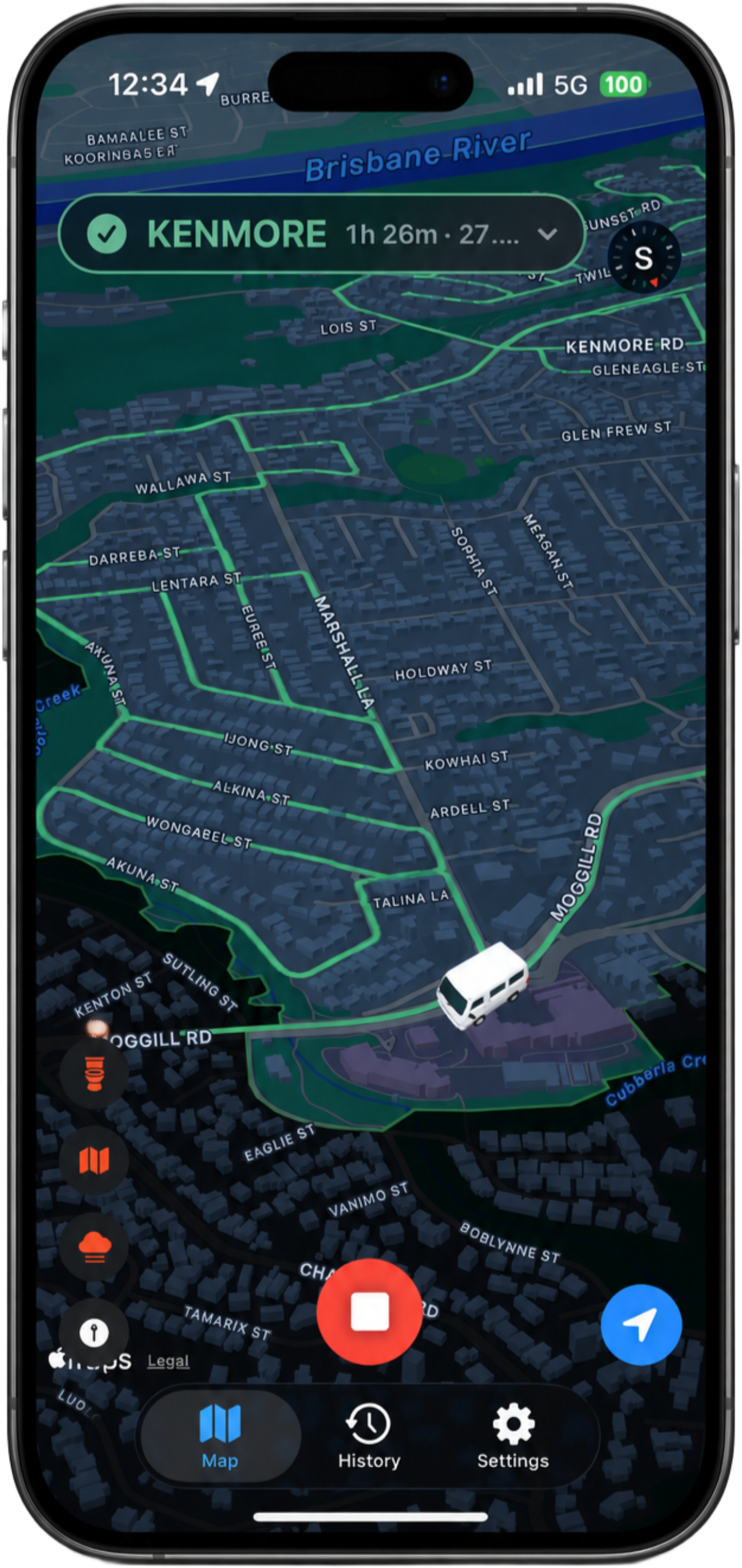 KerbQuest recording an active drive around Kenmore, with the route painted onto the map