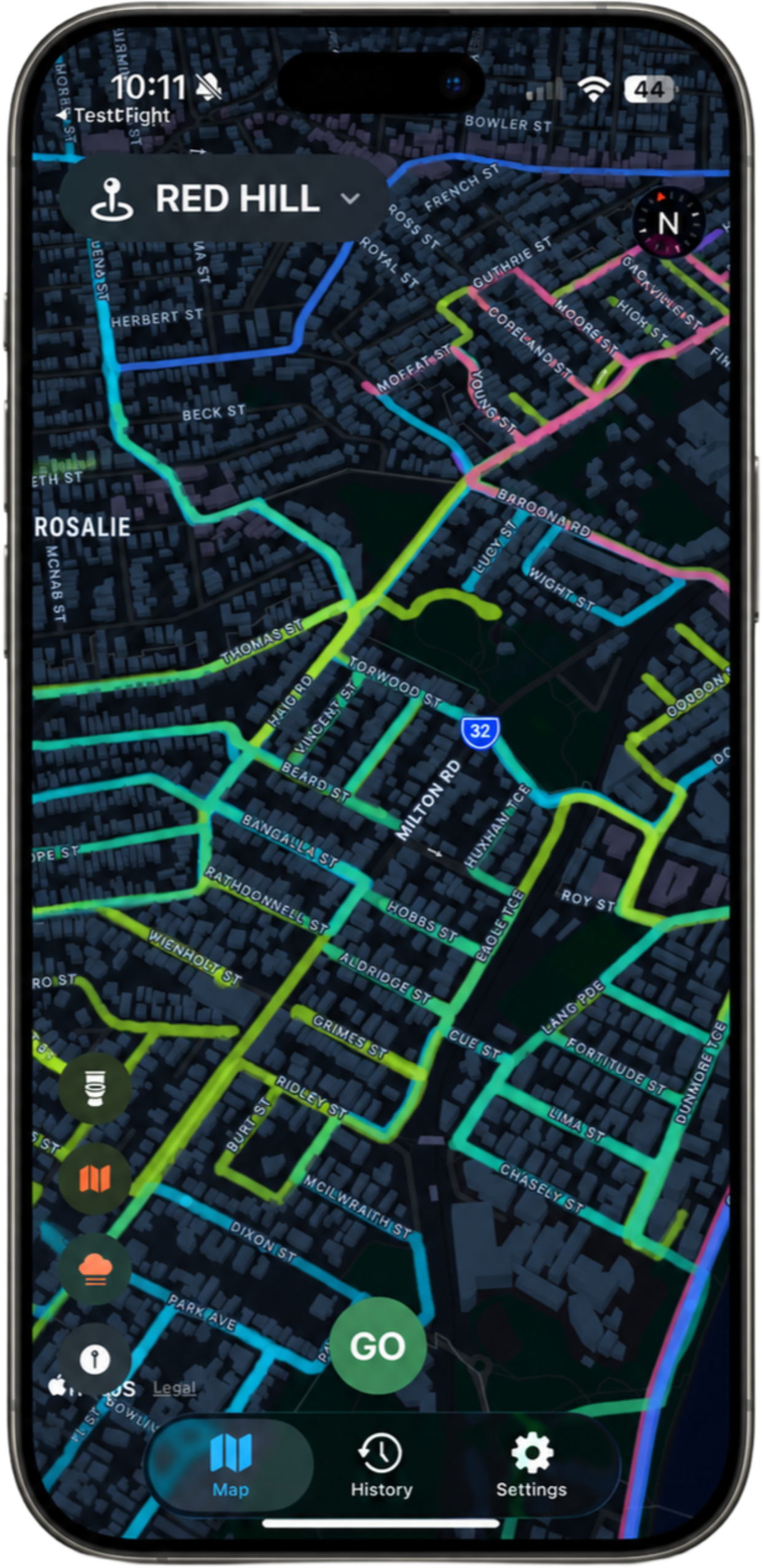KerbQuest route history around Red Hill, running in TestFlight, with past drives colour-coded on the map