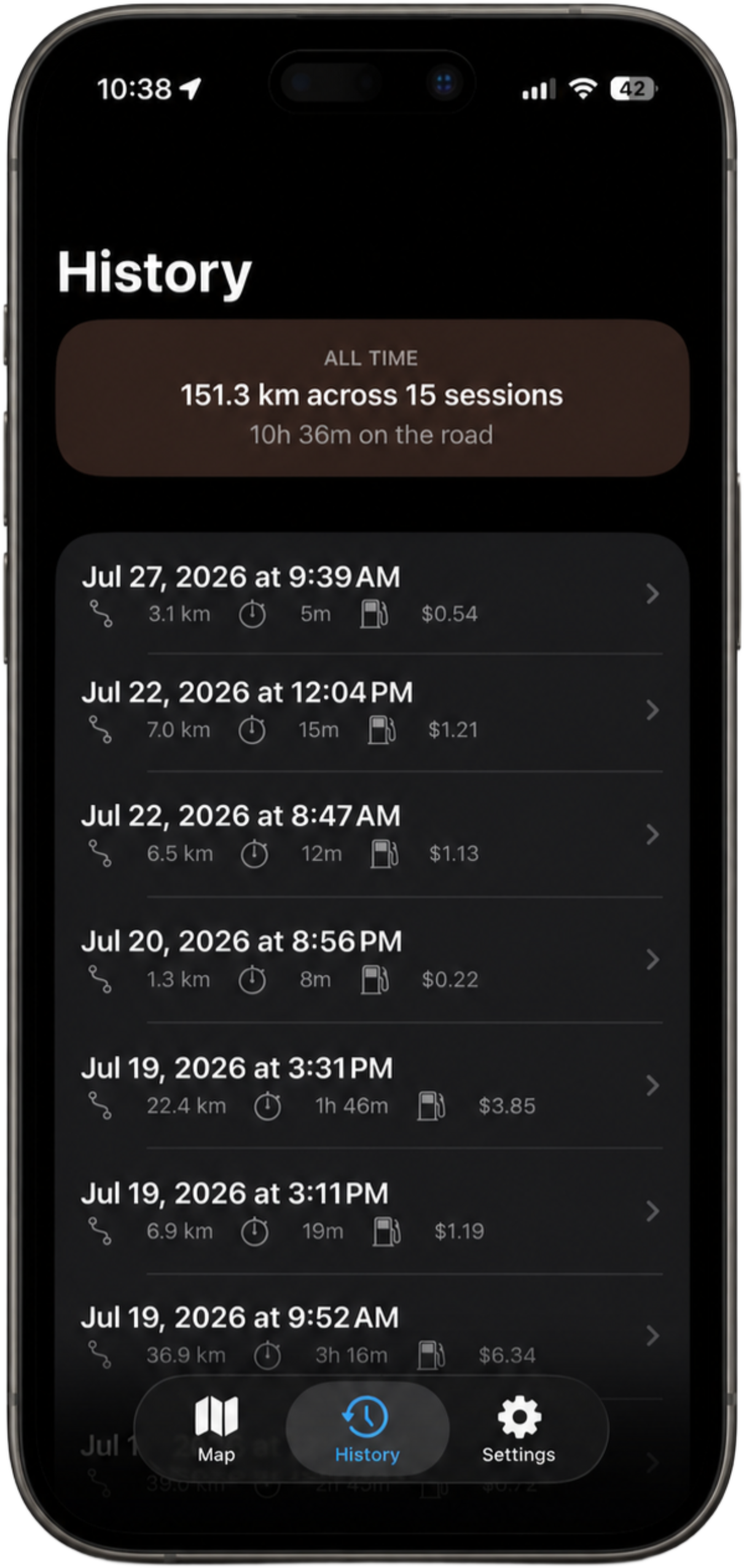 KerbQuest history screen showing all-time distance, sessions and time on the road