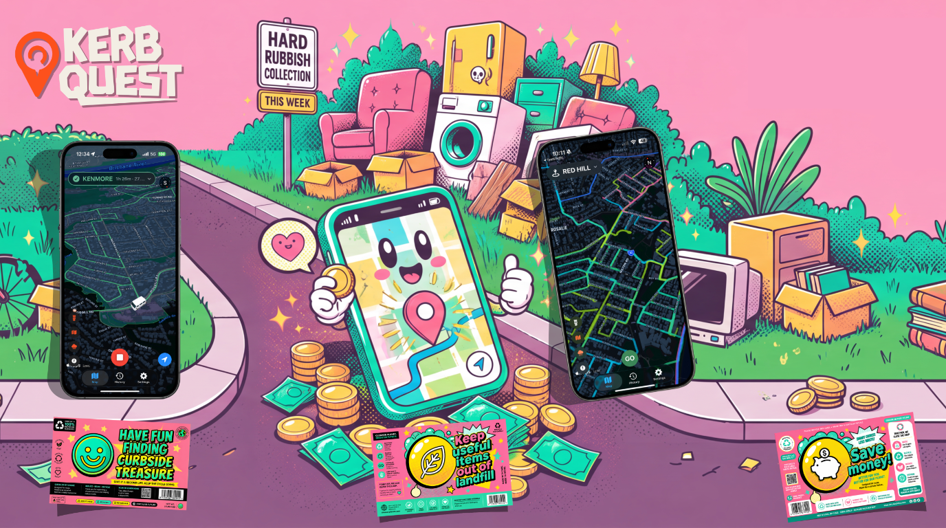 KerbQuest app illustration with phone mockups over a kerbside hard rubbish pile
