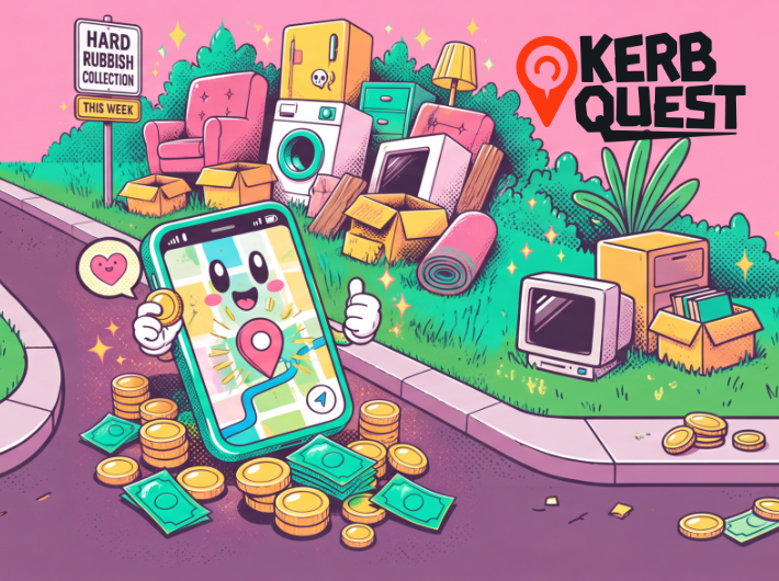 KerbQuest native iOS app illustration over a kerbside hard rubbish pile